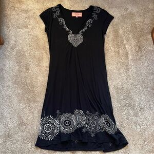 Johnny Was Black Dress with White Embroidery